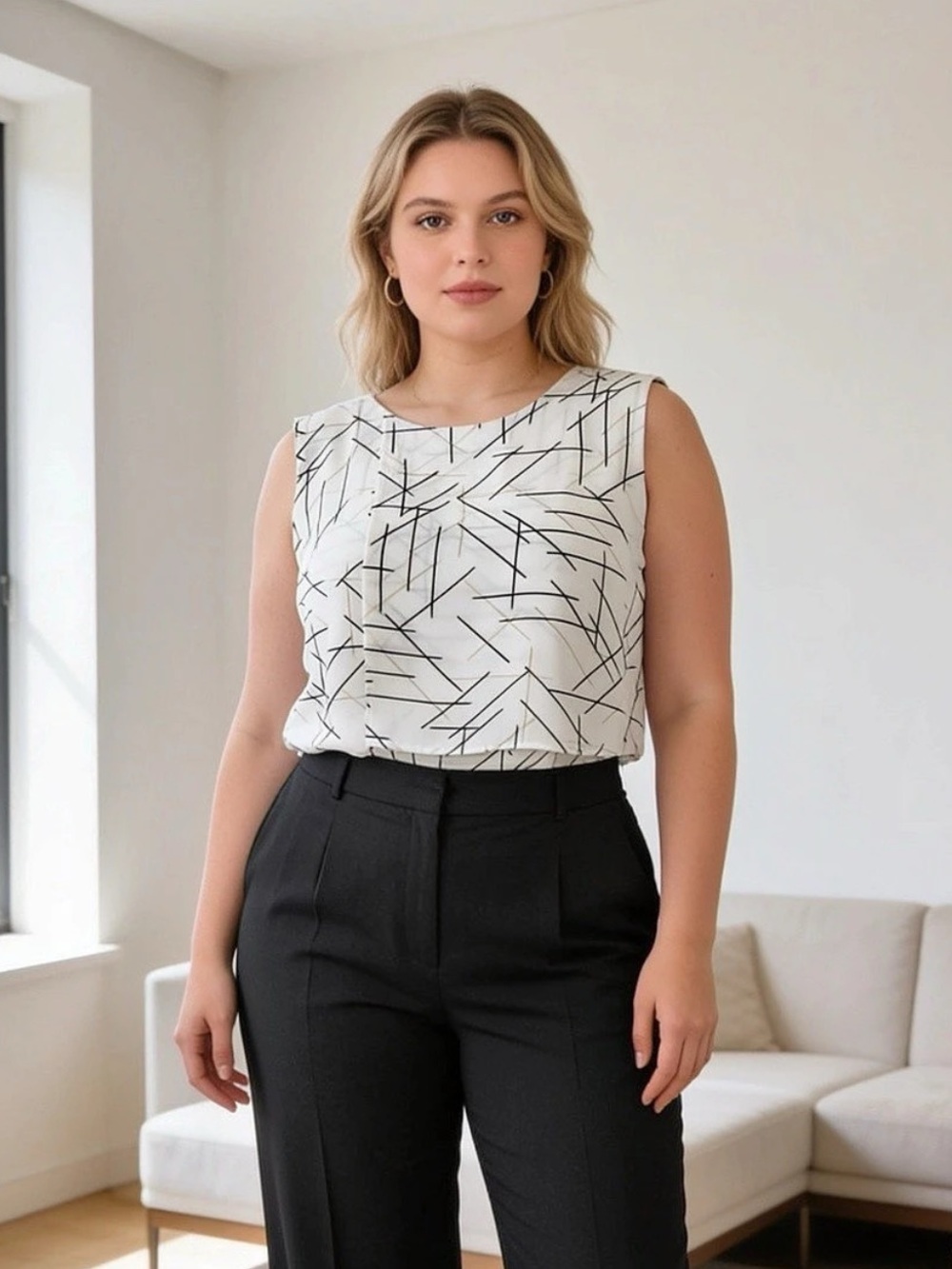 Vince Camuto Geometric Blouse White & Black XL Like New
